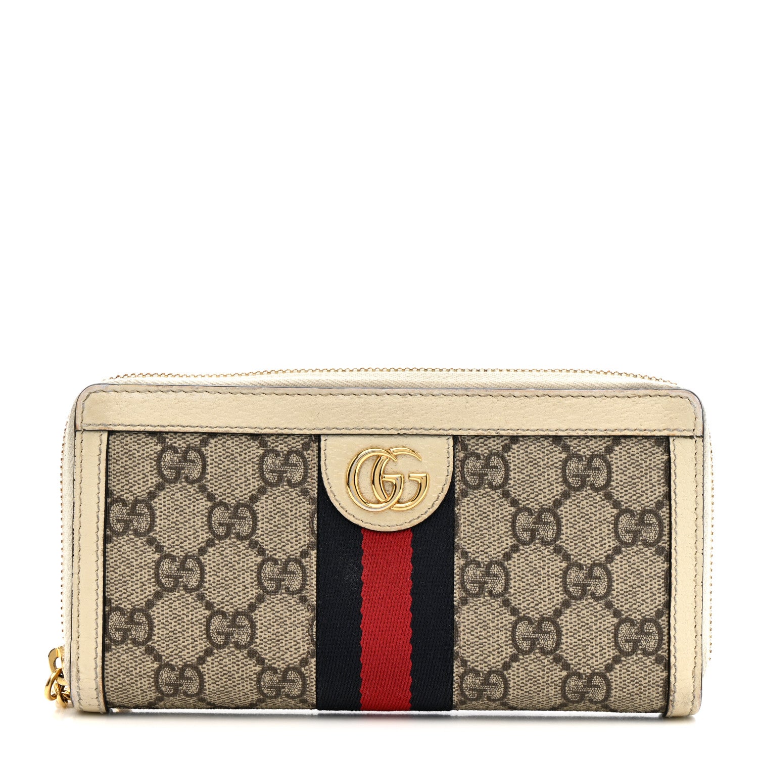 Gucci GG Supreme Monogram Textured Dollar Calfskin Web Ophidia Zip Around Wallet Beige Ebony Mystic White 1 of 13
