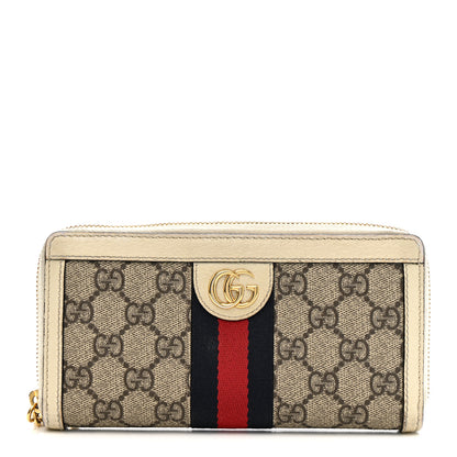 Gucci GG Supreme Monogram Textured Dollar Calfskin Web Ophidia Zip Around Wallet Beige Ebony Mystic White 1 of 13