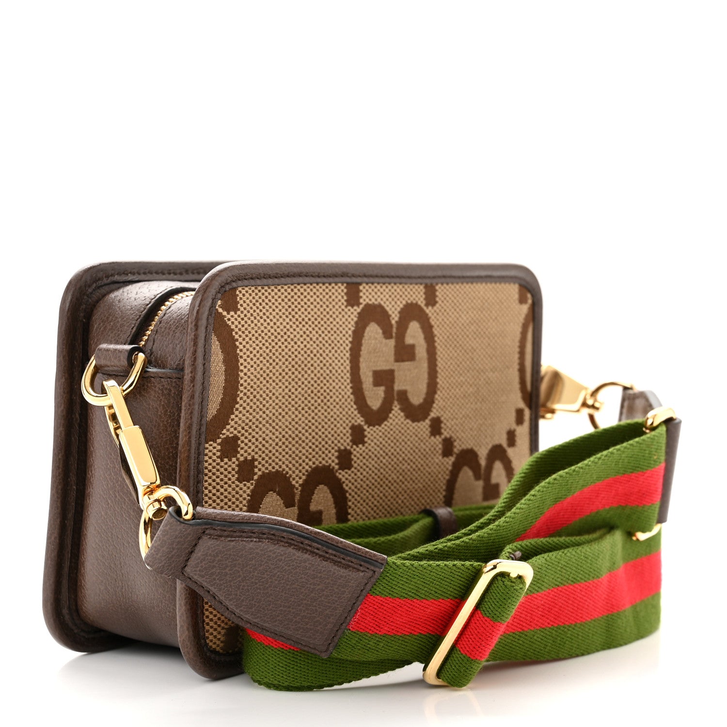 Gucci Monogram Jumbo GG Textured Dollar Calfskin Web Mini Crossbody Bag Camel Ebony New Acero 3 of 11