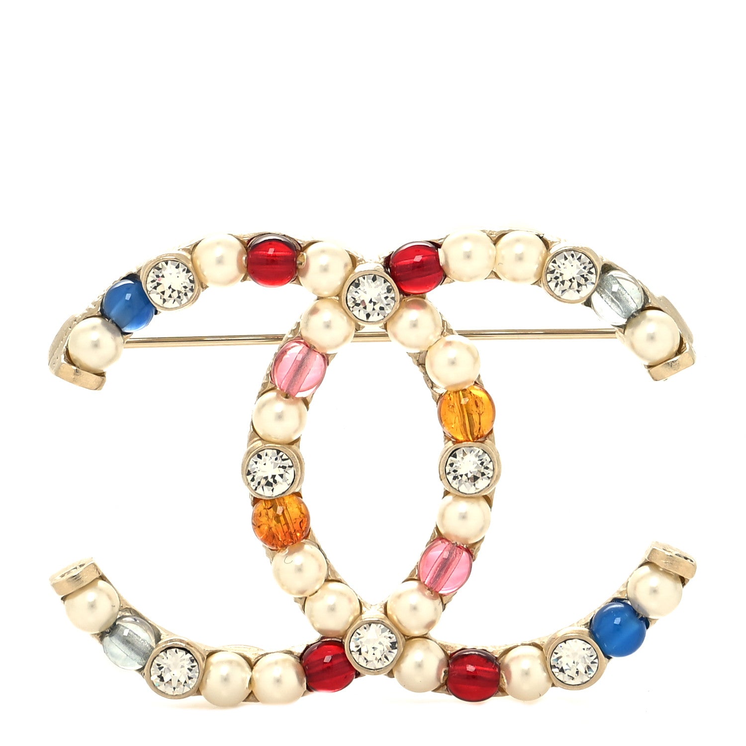Chanel Pearl Crystal CC Brooch Gold Multicolor 1 of 3