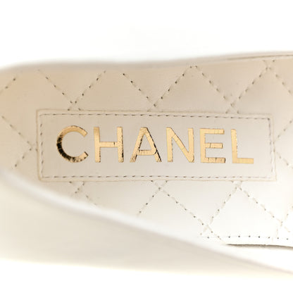 Chanel Lambskin Patent Calfskin Cap Toe Ankle Chain Ballerina Flats 37.5 White Black 7 of 8