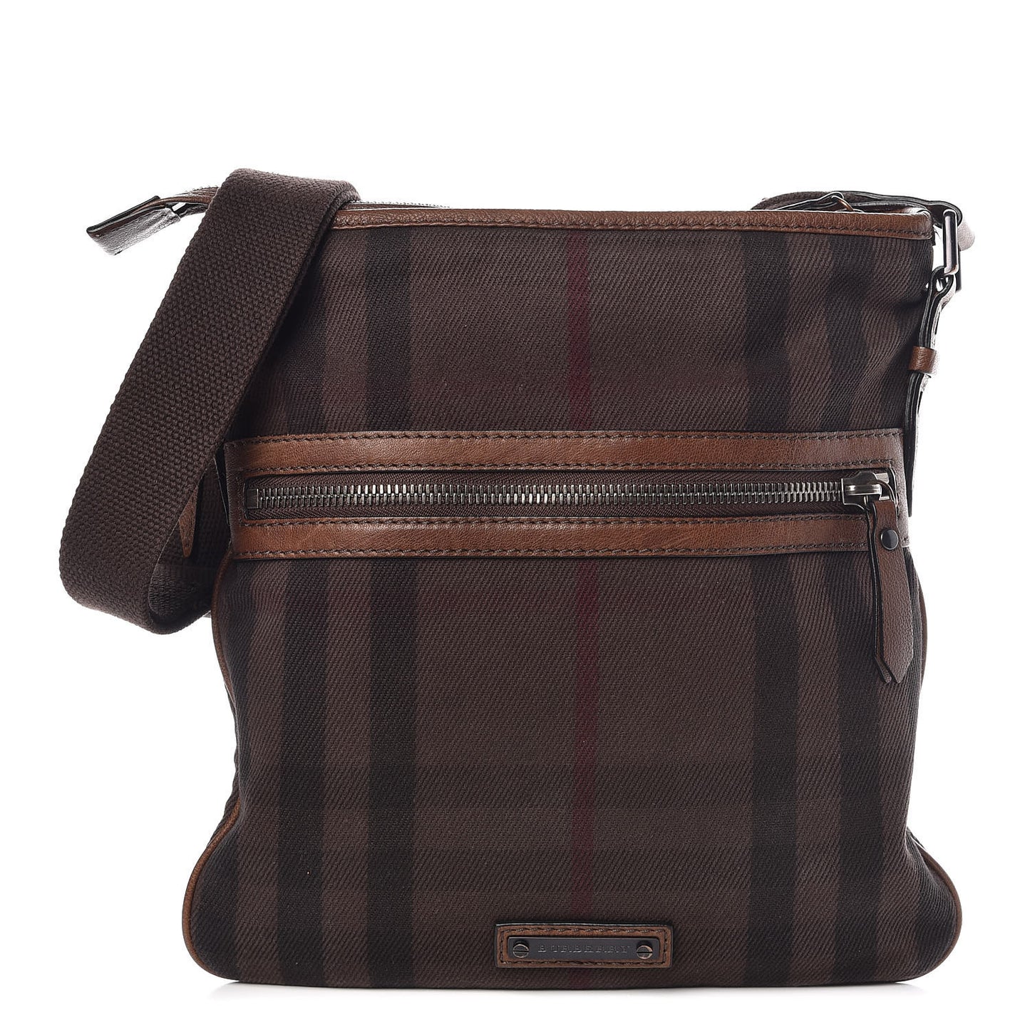 Overdyed Canvas House Check Flat Crossbody Messenger Bag Dark Brown