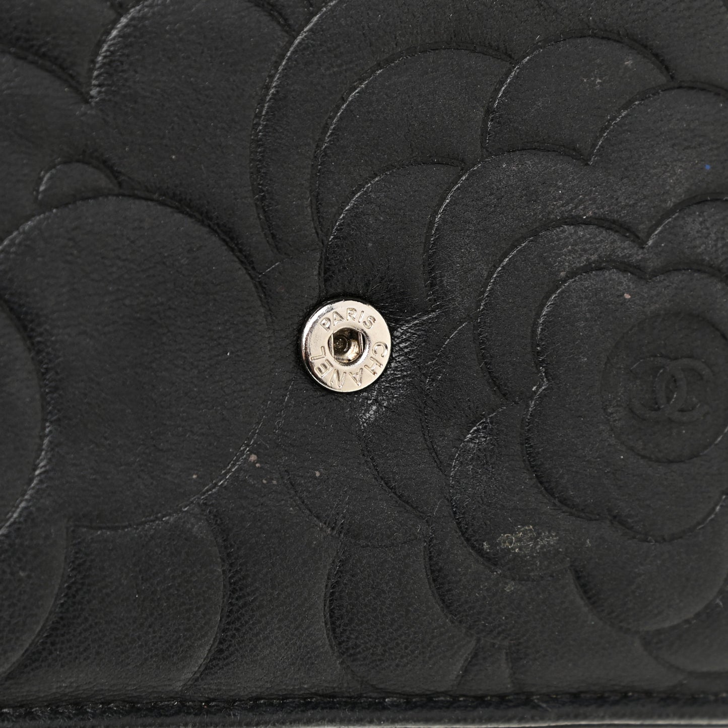 Lambskin Camellia Embossed Wallet on Chain WOC Black