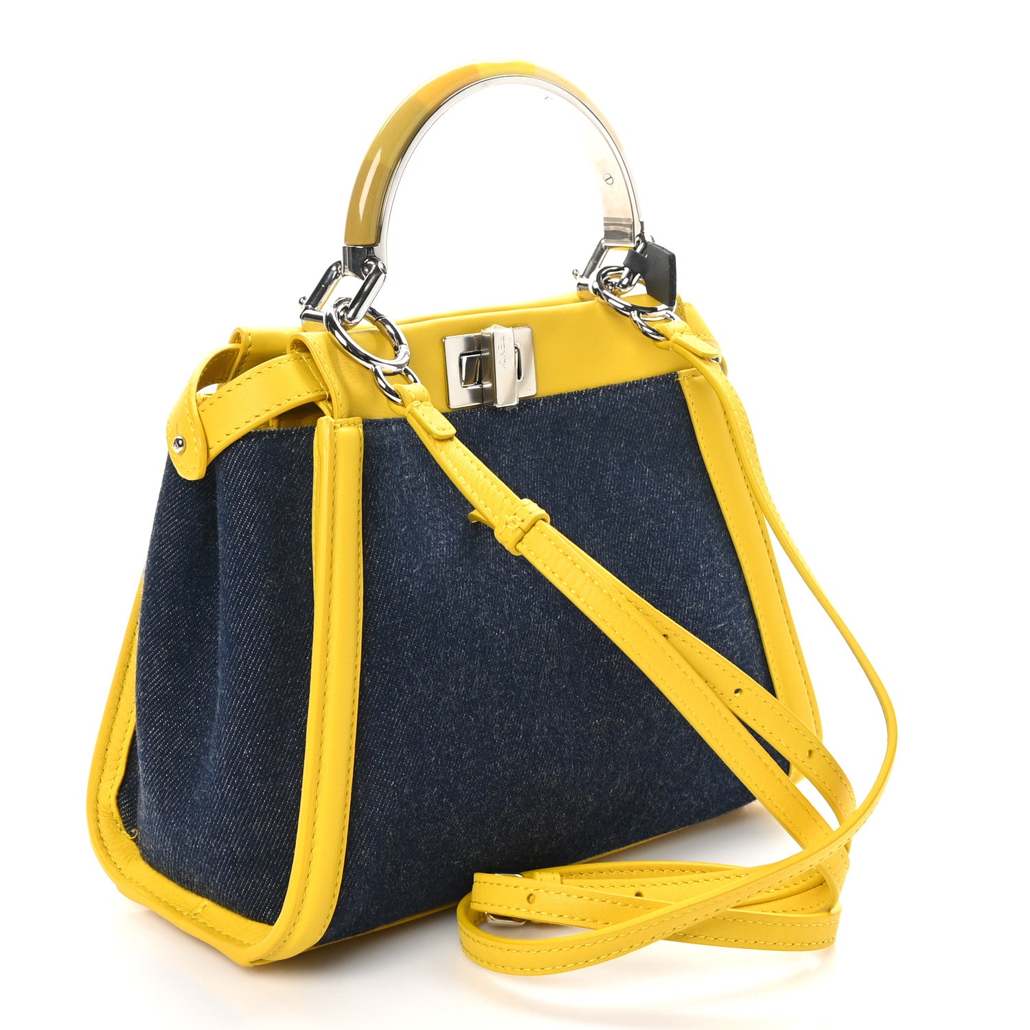 Fendi Denim Fabric Nappa FF Mini Peekaboo Iconic Satchel Yellow 3 of 10