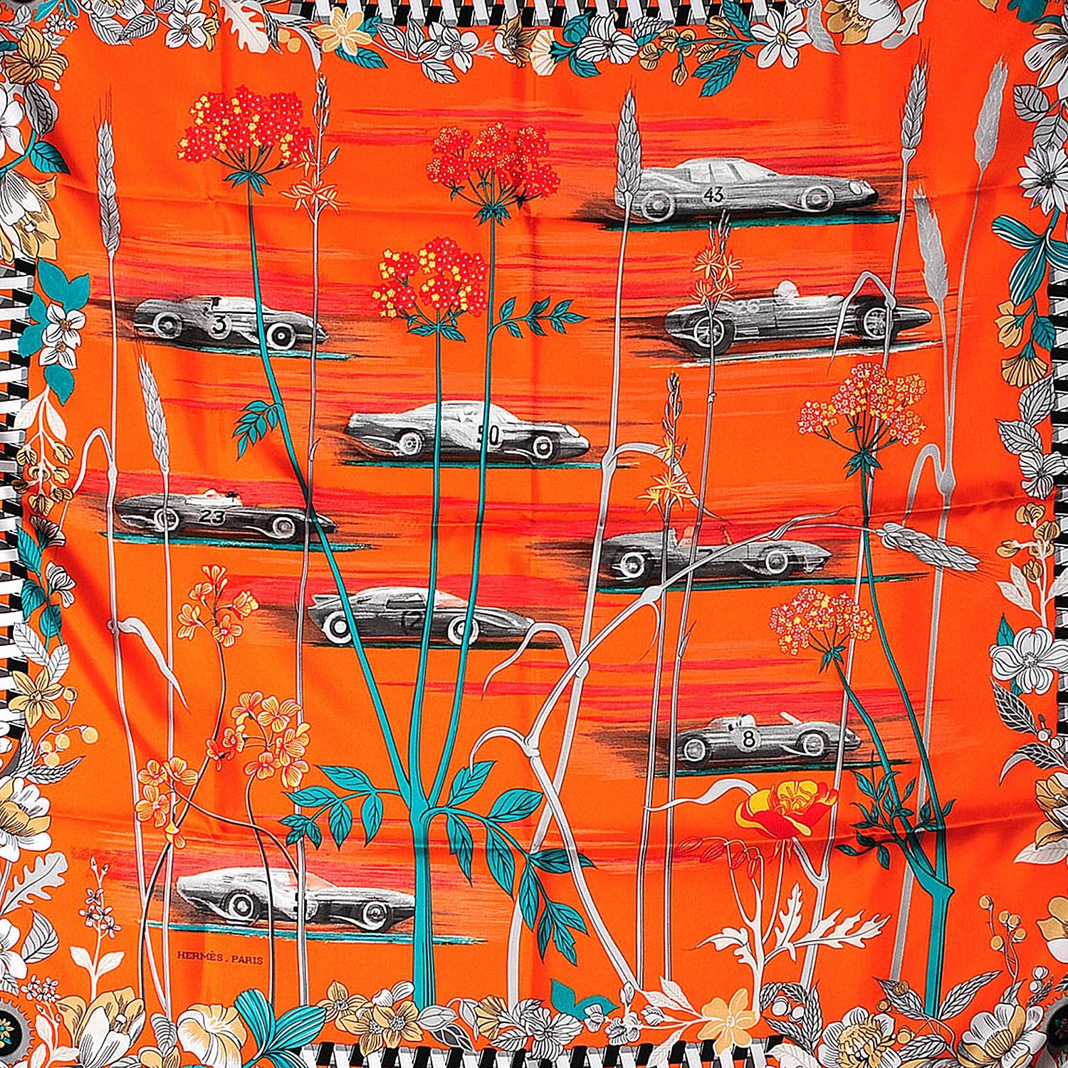 Hermes Silk Soie Les Bolides Scarf 90 Noir Orange Vert 1 of 6