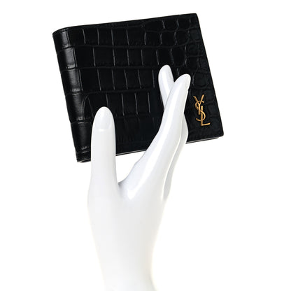 Saint Laurent Calfskin Crocodile Embossed Tiny Cassandre East West Wallet Black 2 of 8