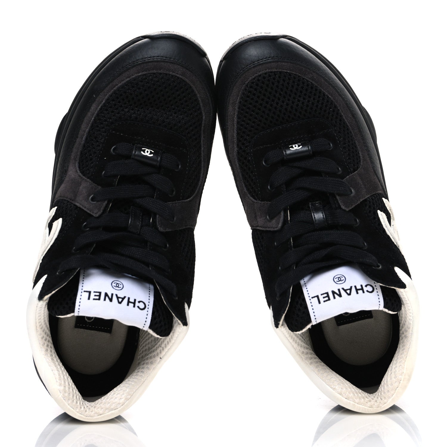 Chanel Mesh Suede Grained Calfskin Womens CC Sneakers 37.5 Black White 2 of 10