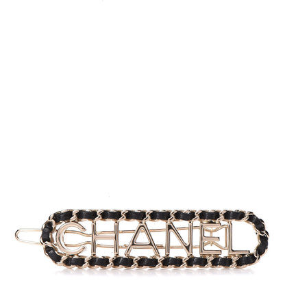 Chanel Metal Lambskin Vintage Allure Logo Hair Clip Black Gold 1 of 5