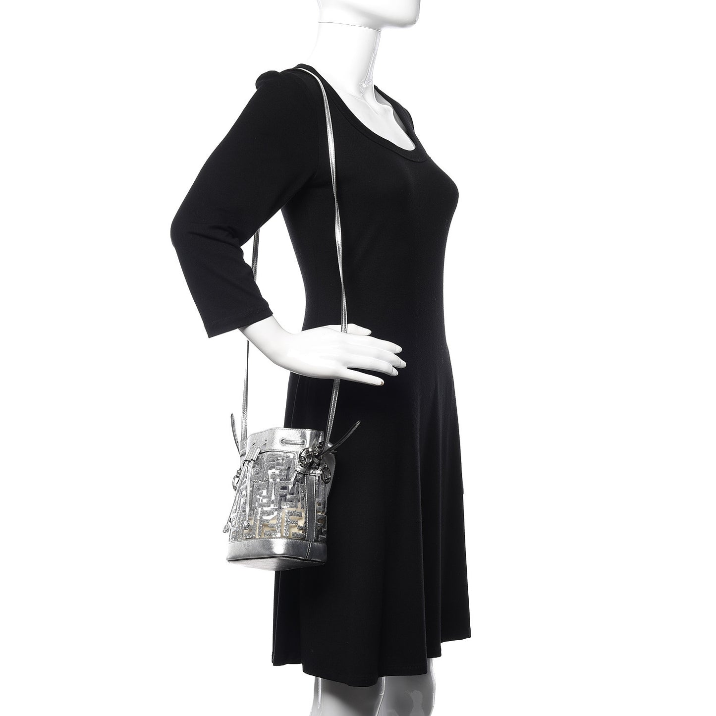 PVC Vitello Catalan Mirror Sequin F is Fendi FF Mini Mon Tresor Bucket Bag Argento