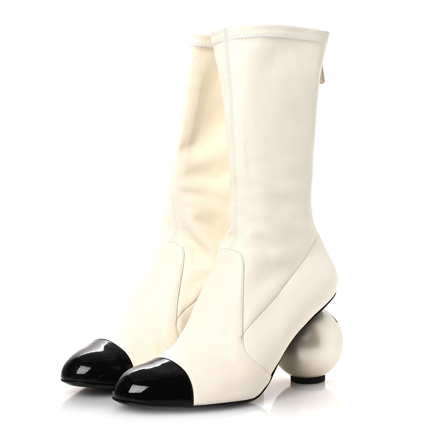 Stretch Lambskin Patent Cap Toe Pearl Ball Mid Calf Boots 39 White Black