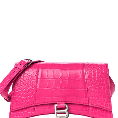 Balenciaga Shiny Calfskin Crocodile Embossed Small Hourglass Sling Shoulder Bag Fuchsia 7 of 9