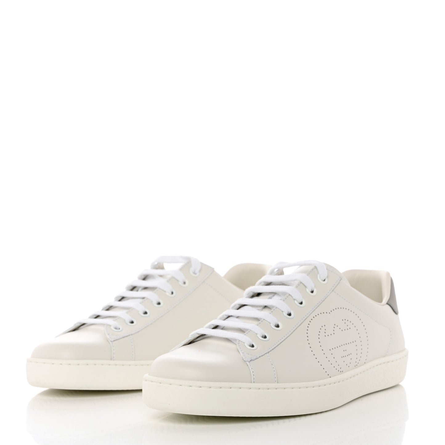 Calfskin Interlocking G Perforated Mens Ace Sneakers 8 White Grey Sky