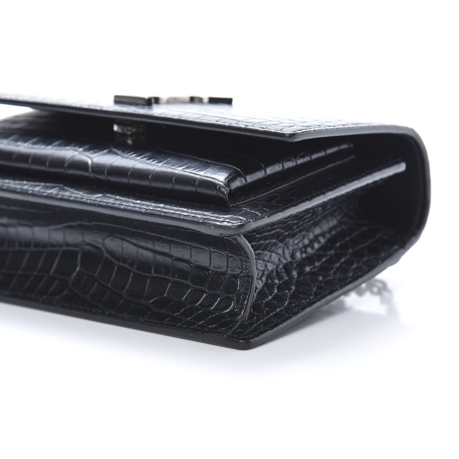 Saint Laurent Calfskin Crocodile Embossed Monogram Sunset Chain Wallet Black 10 of 13