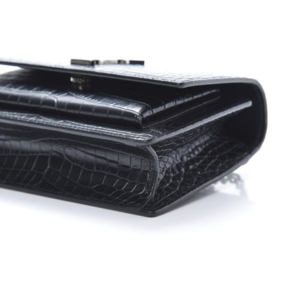 Saint Laurent Calfskin Crocodile Embossed Monogram Sunset Chain Wallet Black 10 of 13