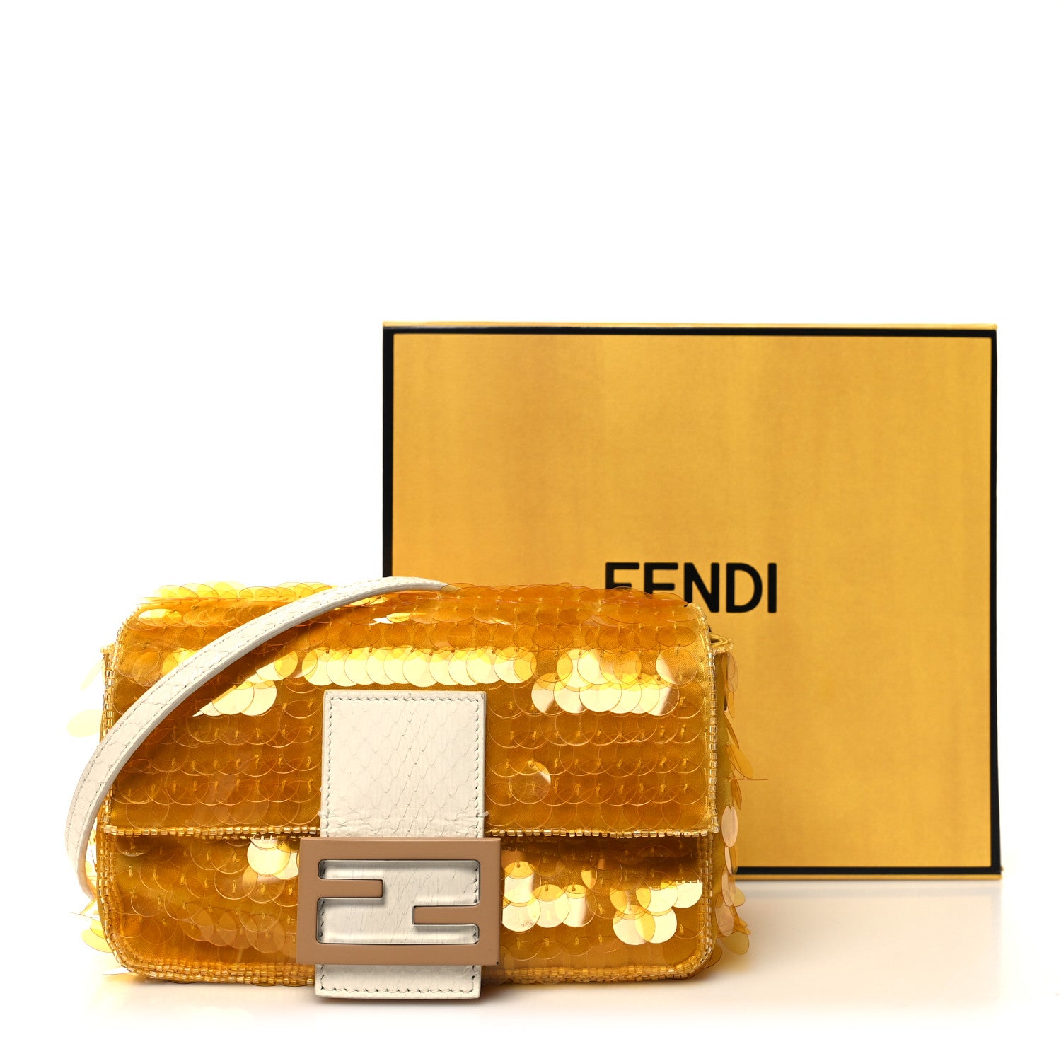 Fendi Satin Sequin Paillettes Elaphe Plexiglass Mini Baguette 1997 Giallo Avorio 13 of 13