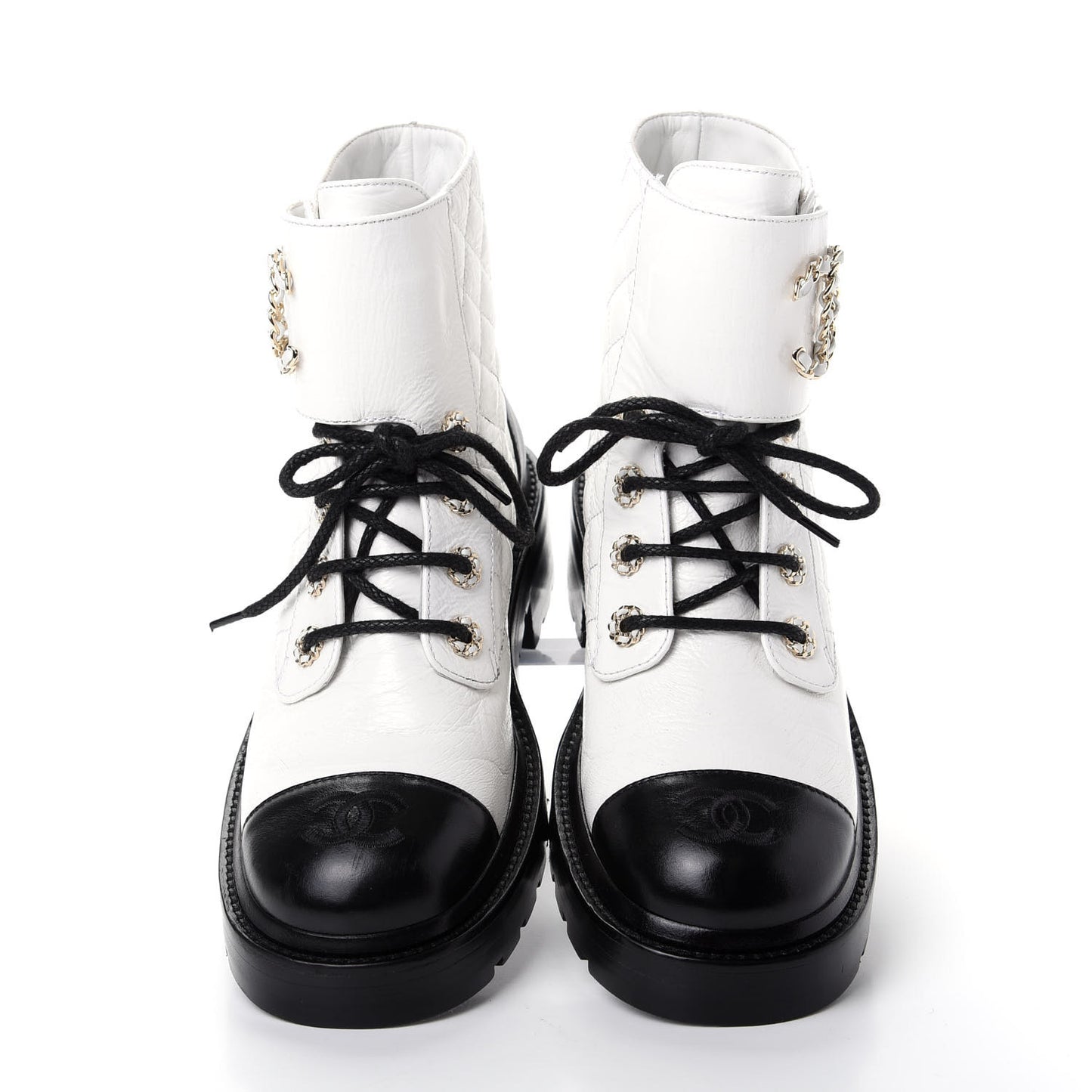 Shiny Goatskin Calfskin Quilted Lace Up Combat Boots 38.5 White Black