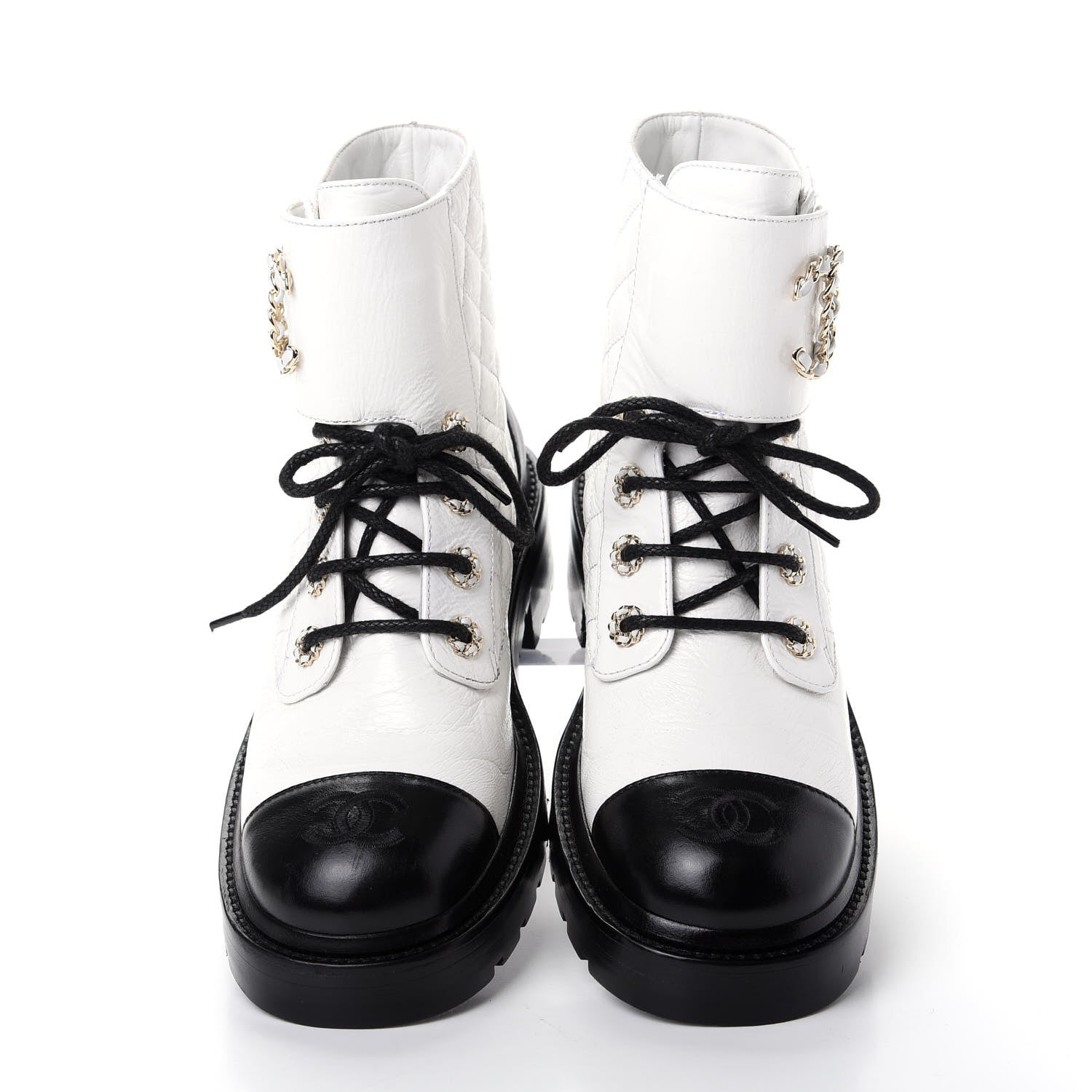 Chanel Shiny Goatskin Calfskin Quilted Lace Up Combat Boots 38.5 White Black 5 of 10