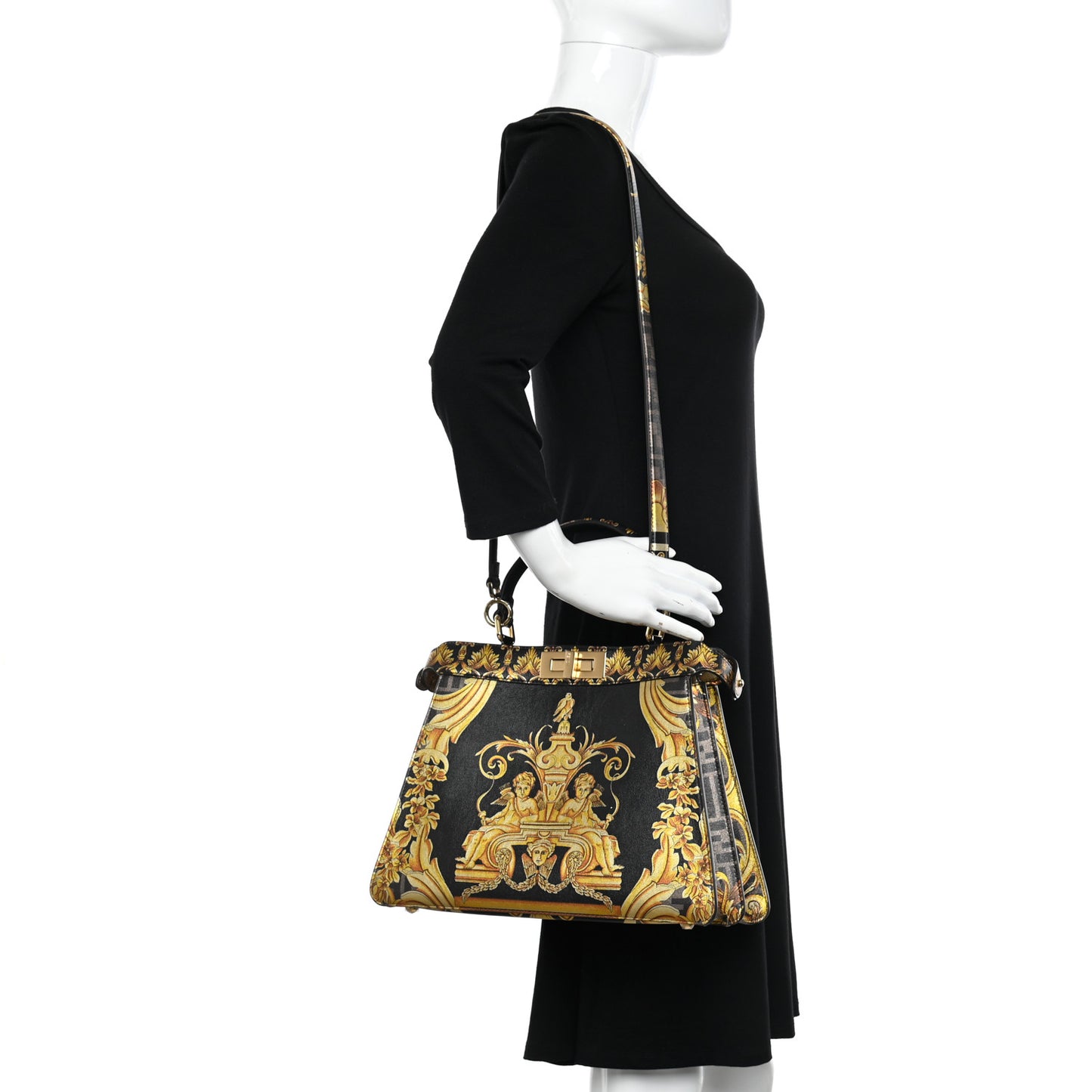 X VERSACE Vitello Seta Nappa Fendace FF Baroque Medium Peekaboo I SEE U Satchel Tobacco Black Gold