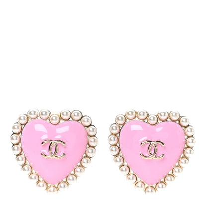 Chanel Pearl Resin Crystal CC Heart Drop Earrings Pink Gold 1 of 5