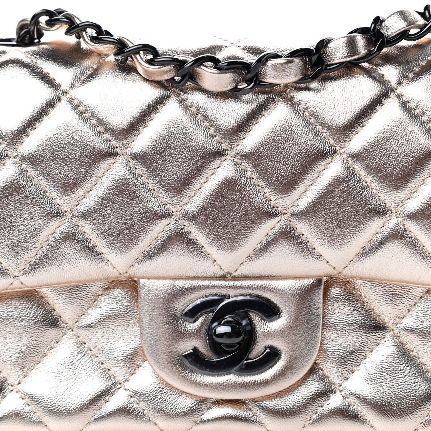 Metallic Lambskin Quilted Mini Rectangular Flap Gold Black