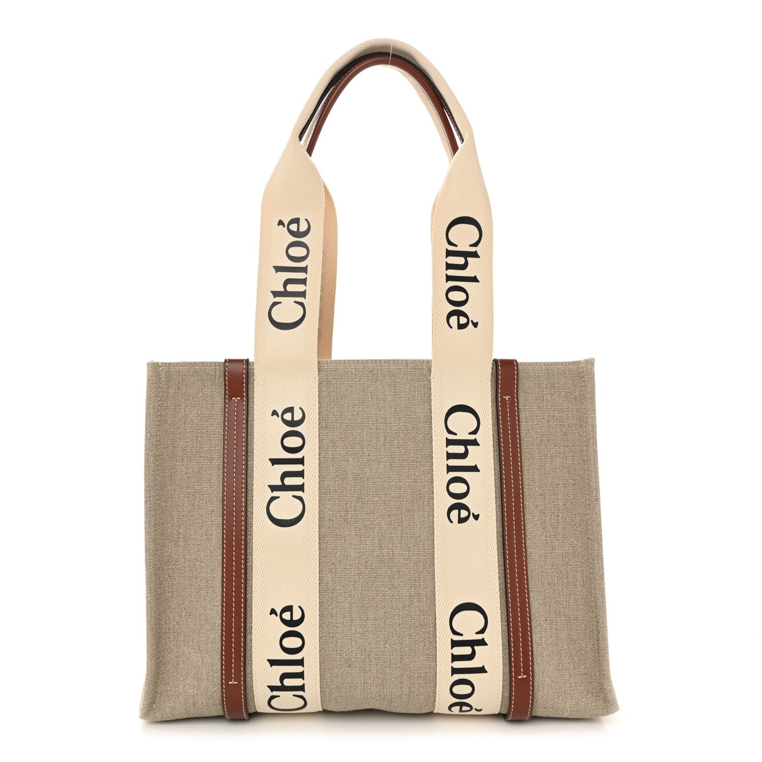 Chloe Linen Calfskin Medium Woody Ribbon Tote White Brown 1 of 10