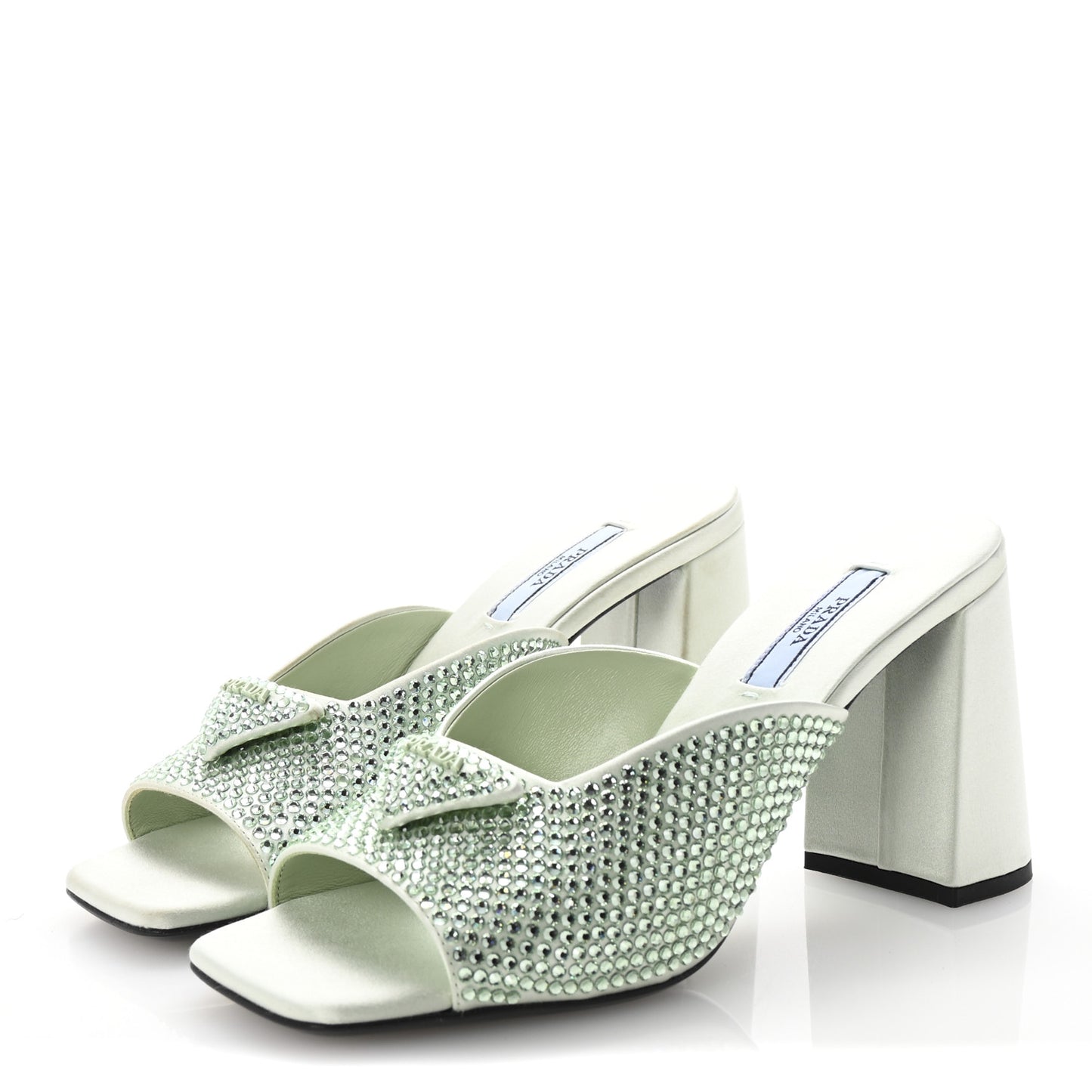 Satin Crystal Logo 90mm Slide Sandals 36.5 Acqua