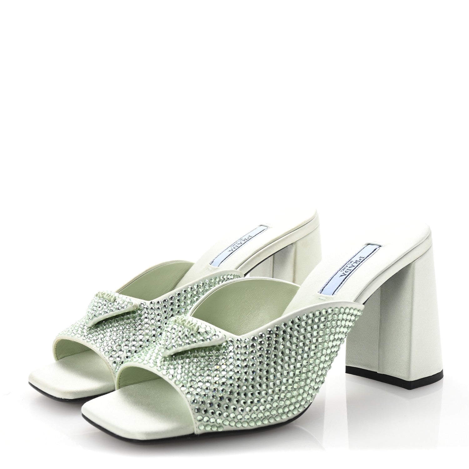 Prada Satin Crystal Logo 90mm Slide Sandals 36.5 Acqua 4 of 9