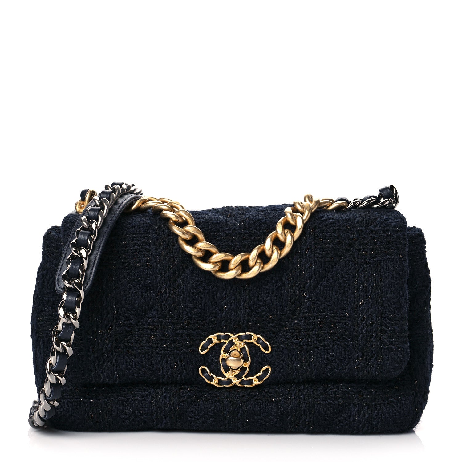 Chanel Tweed Quilted Medium Chanel 19 Flap Navy Blue Black 1 of 10