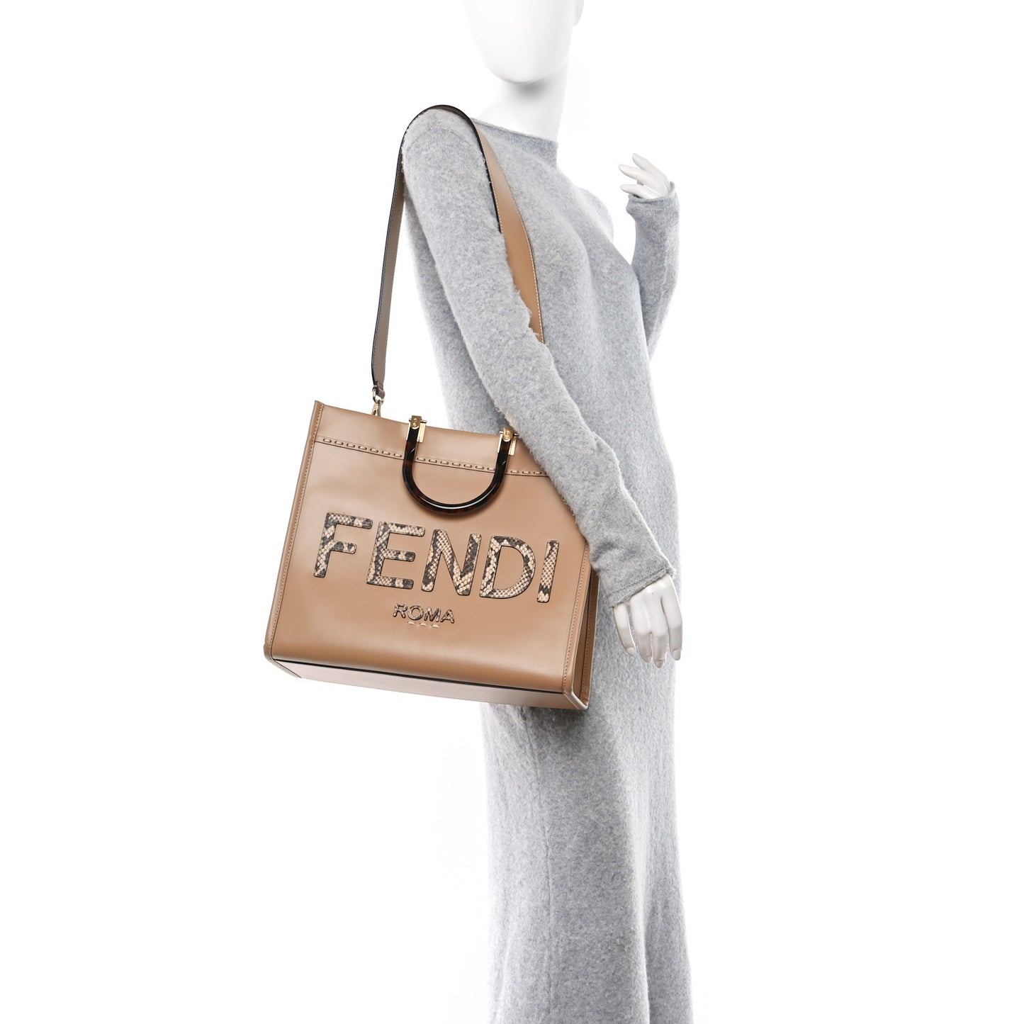 Vitello King Plexiglass Elaphe Python Print Logo Medium Fendi Sunshine Shopper Tote Miele Scuro Makeup