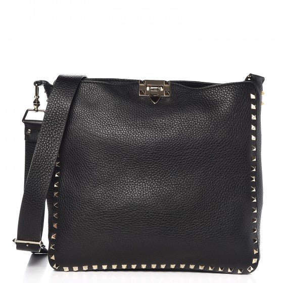 Pebbled Calfskin Large Rockstud Flip-Lock Messenger Bag Black