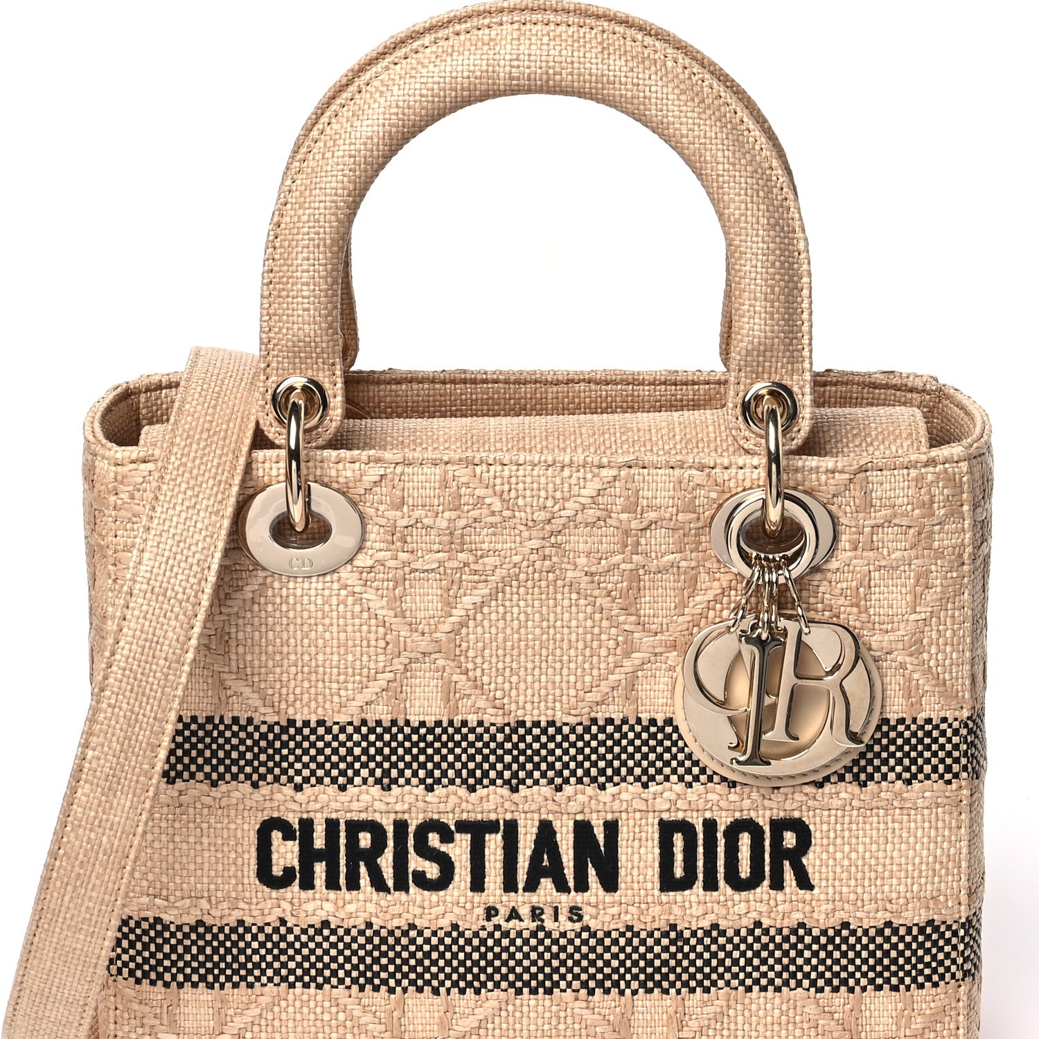 Christian Dior Raffia Woven Cannage Embroidered Medium Lady D-Lite Natural Black 8 of 10
