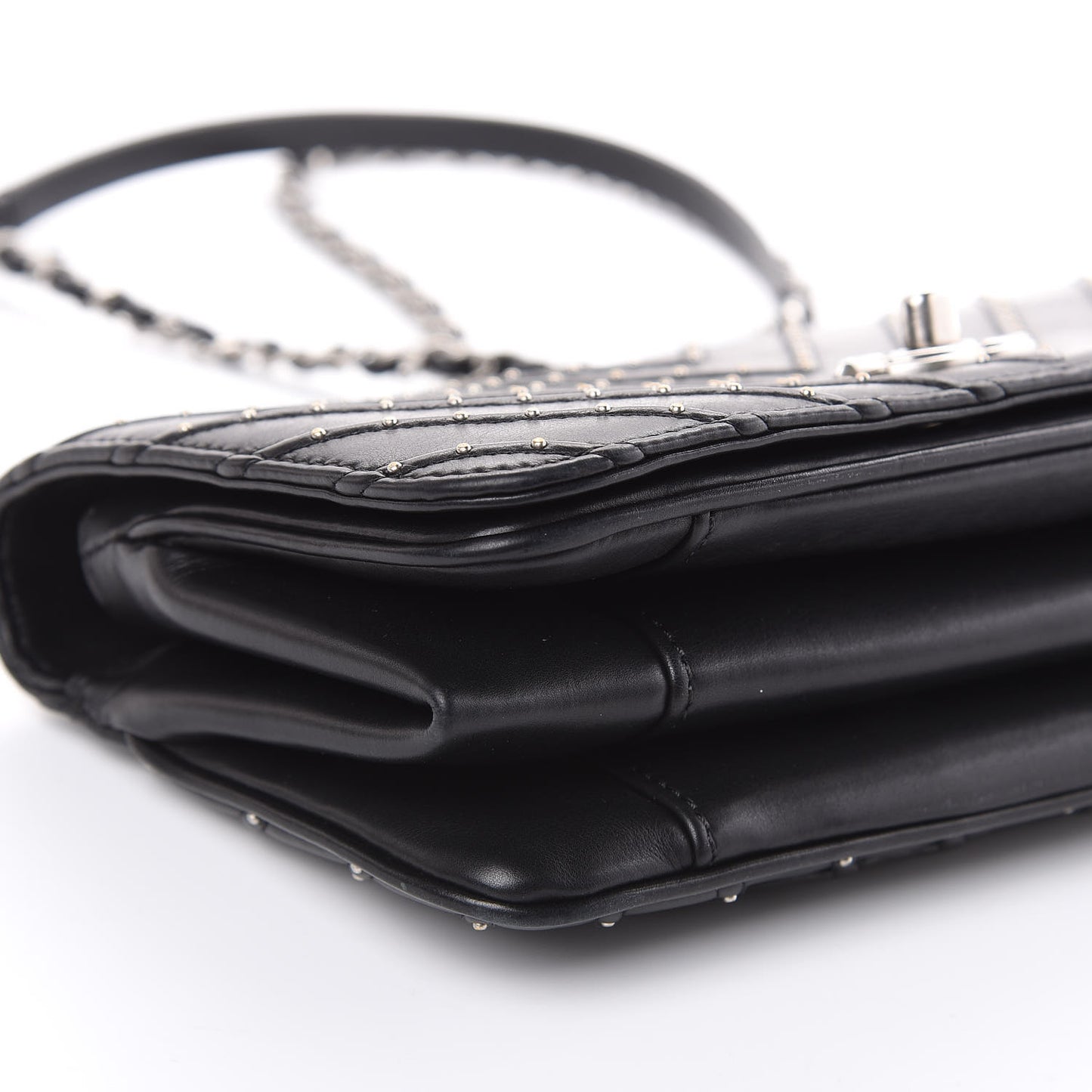 Calfskin Studded Chevron Quilted Flap Black