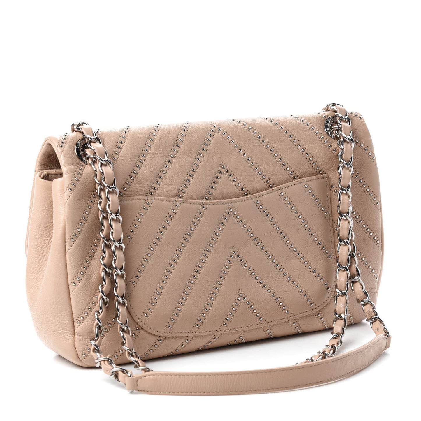 Calfskin Studded Chevron Quilted Medium Wars Flap Beige