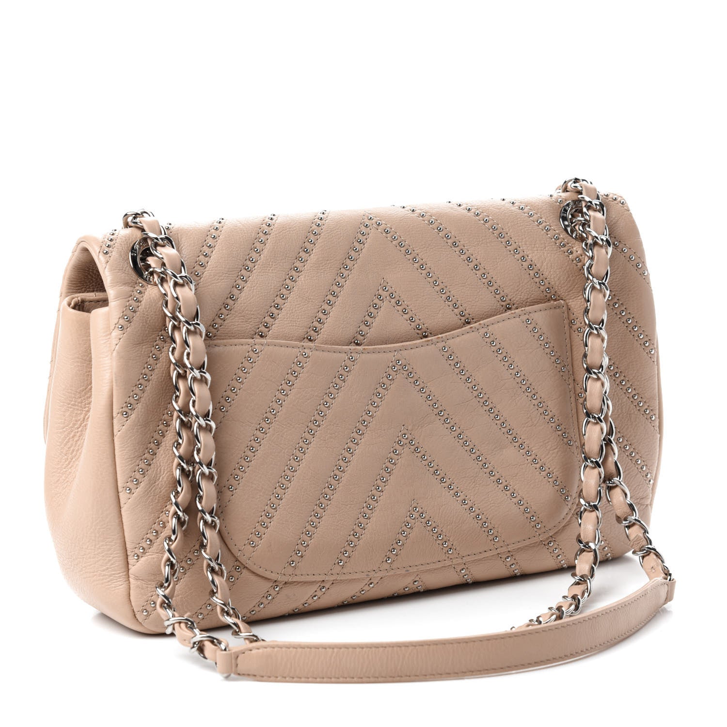 Chanel Calfskin Studded Chevron Quilted Medium Wars Flap Beige 4 of 12