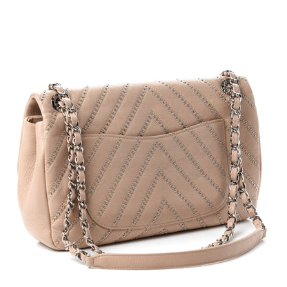 Chanel Calfskin Studded Chevron Quilted Medium Wars Flap Beige 4 of 12