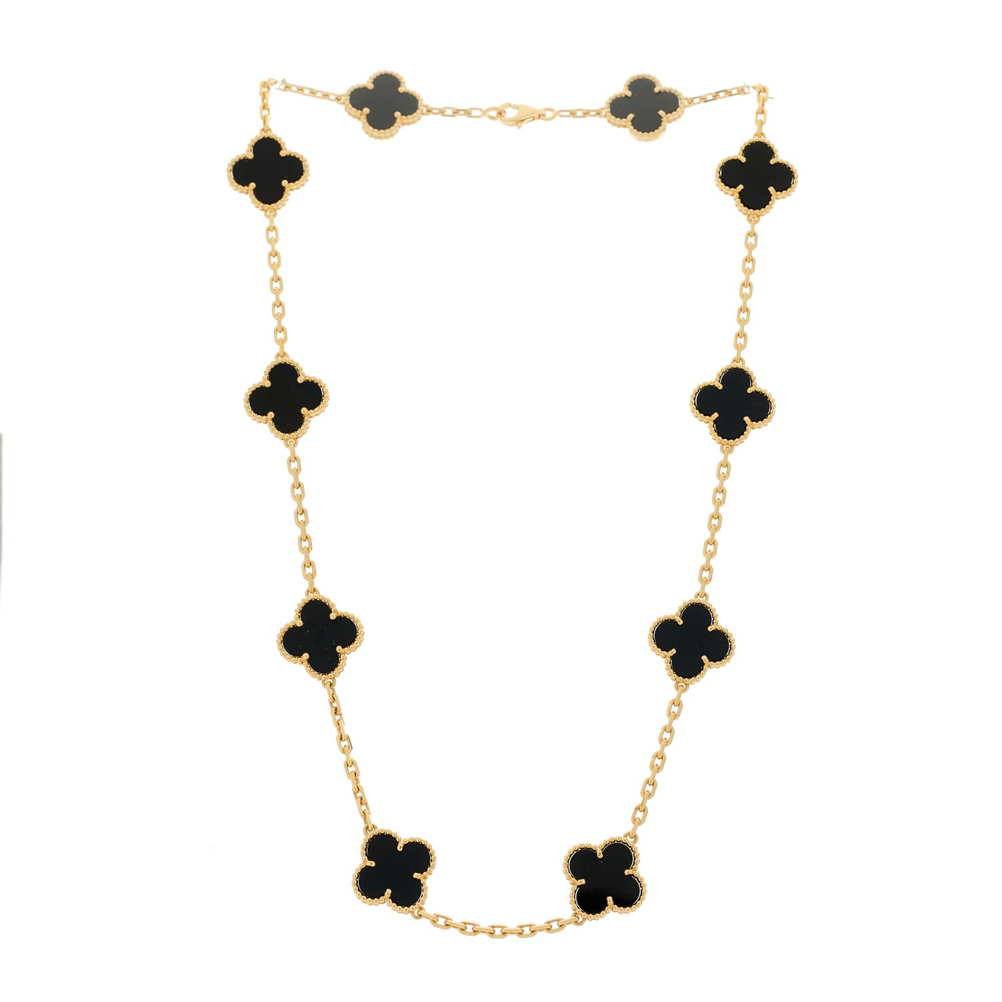 18K Yellow Gold Black Onyx 10 Motifs Vintage Alhambra Necklace