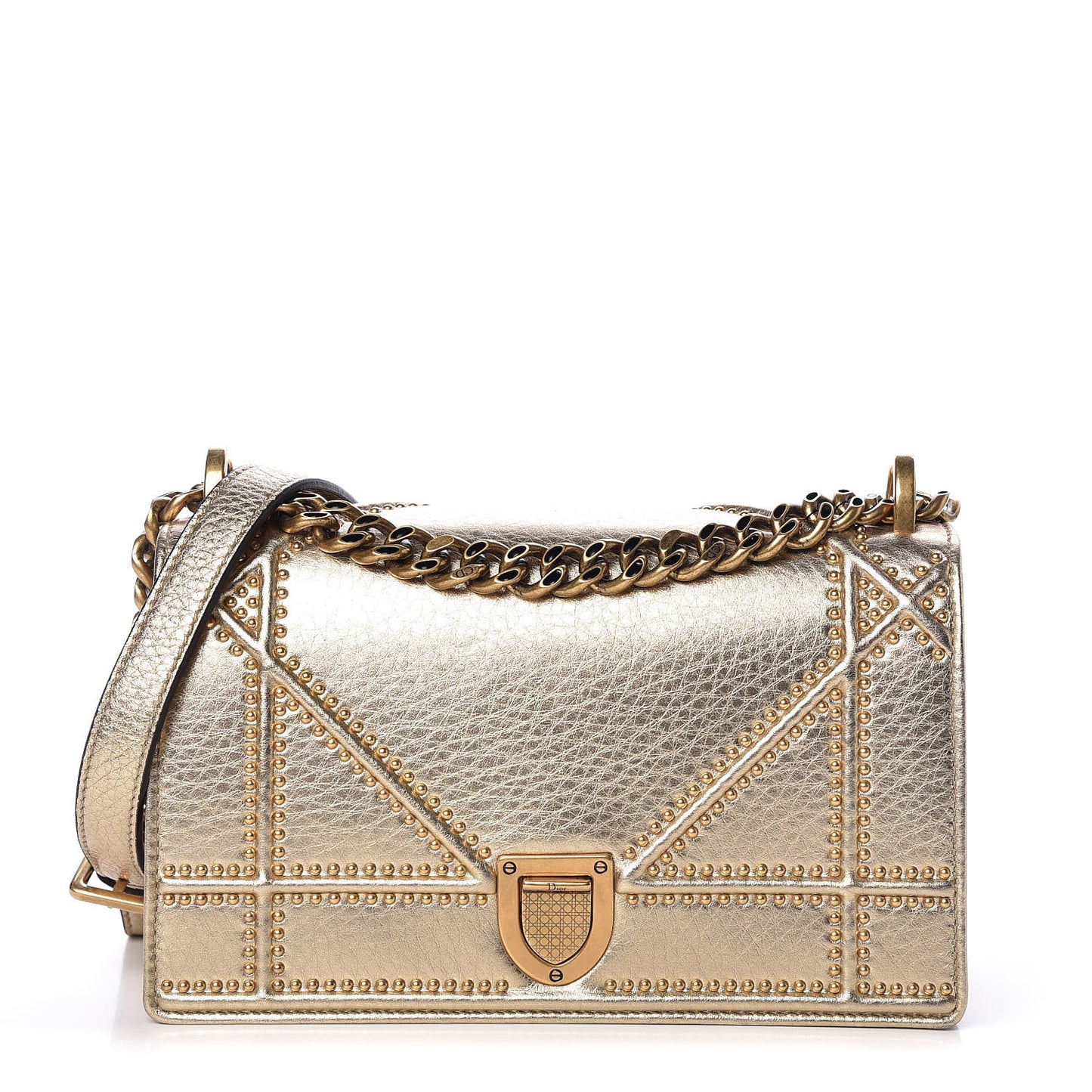 Metallic Calfskin Studded Small Diorama Flap Bag Gold