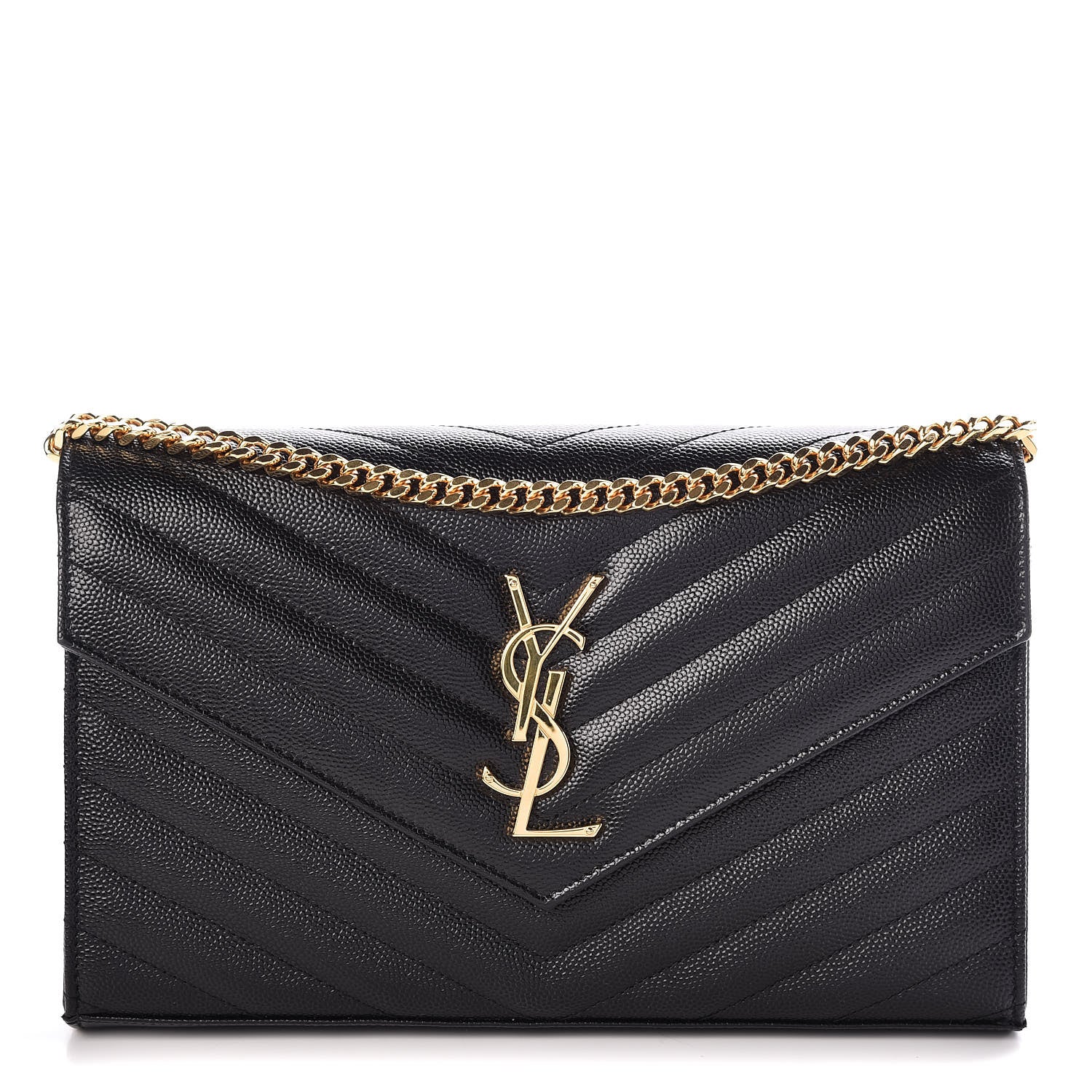 Saint Laurent Grain De Poudre Matelasse Chevron Monogram Chain Wallet Black 1 of 10