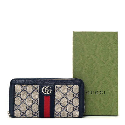 Gucci GG Supreme Monogram Textured Dollar Calfskin Web Ophidia Zip Around Wallet Beige Blue 9 of 9