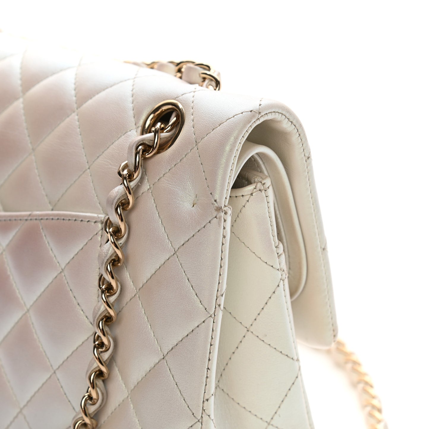 Iridescent Calfskin Quilted Medium Double Flap White