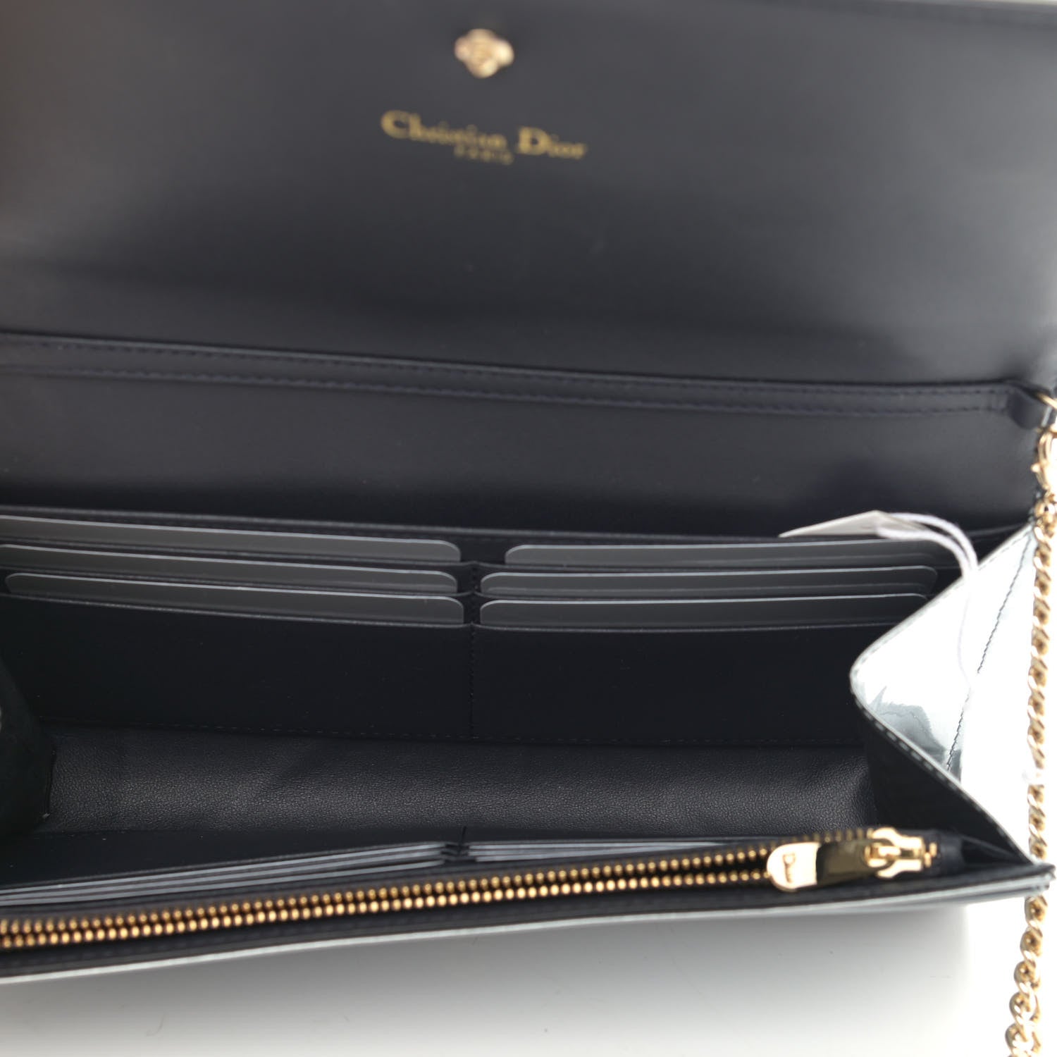 Christian Dior Metallic Patent Micro-Cannage Diorama Croisiere Chain Wallet Silver 6 of 12