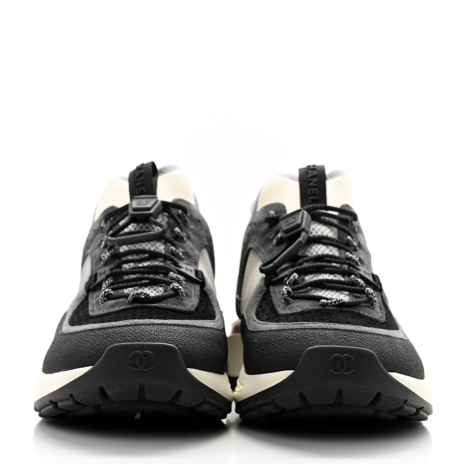 Chanel Fabric Suede Calfskin Mesh Womens CC Sneakers 38.5 Black Dark Grey White Light Grey 2 of 11