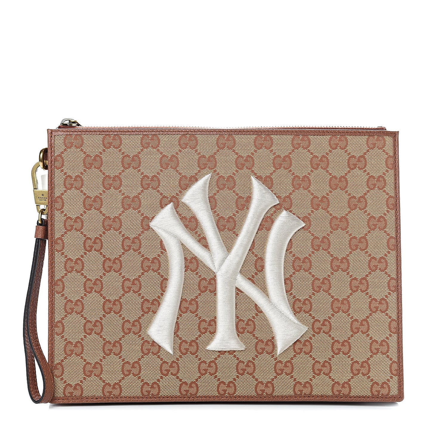 X MLB GG Monogram NY Yankees Zip Wristlet Pouch Beige Ruggine Ivory