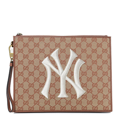 Gucci X MLB GG Monogram NY Yankees Zip Wristlet Pouch Beige Ruggine Ivory 1 of 8