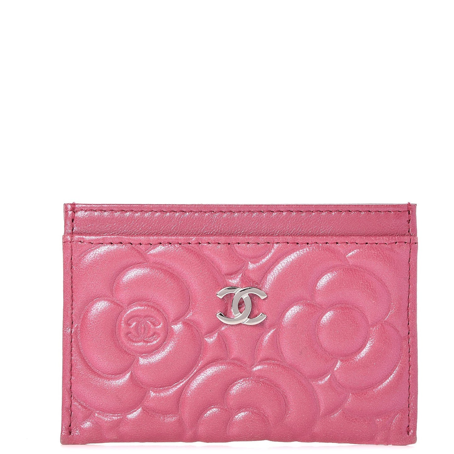 Lambskin Camellia Embossed Card Holder Pink