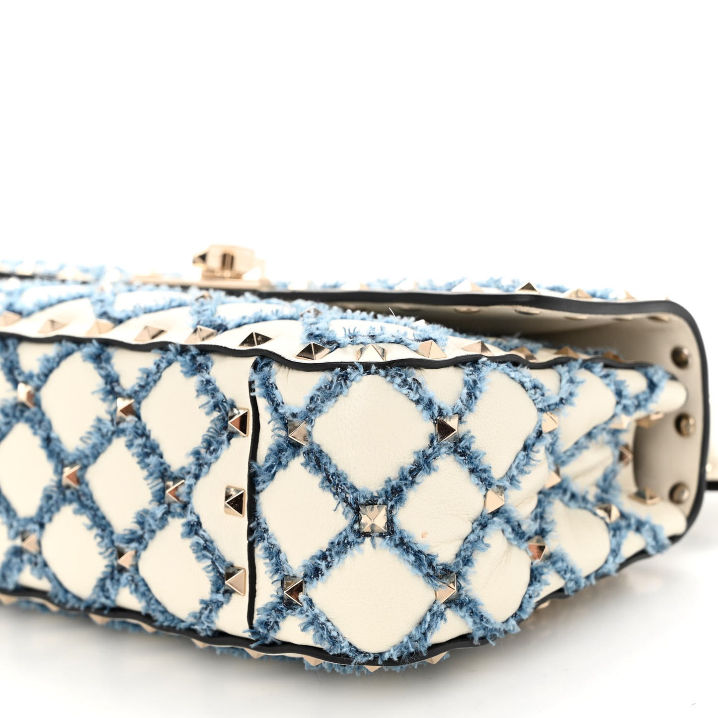 Nappa Denim Quilted Rockstud Medium Spike Shoulder Bag Ivory Blue