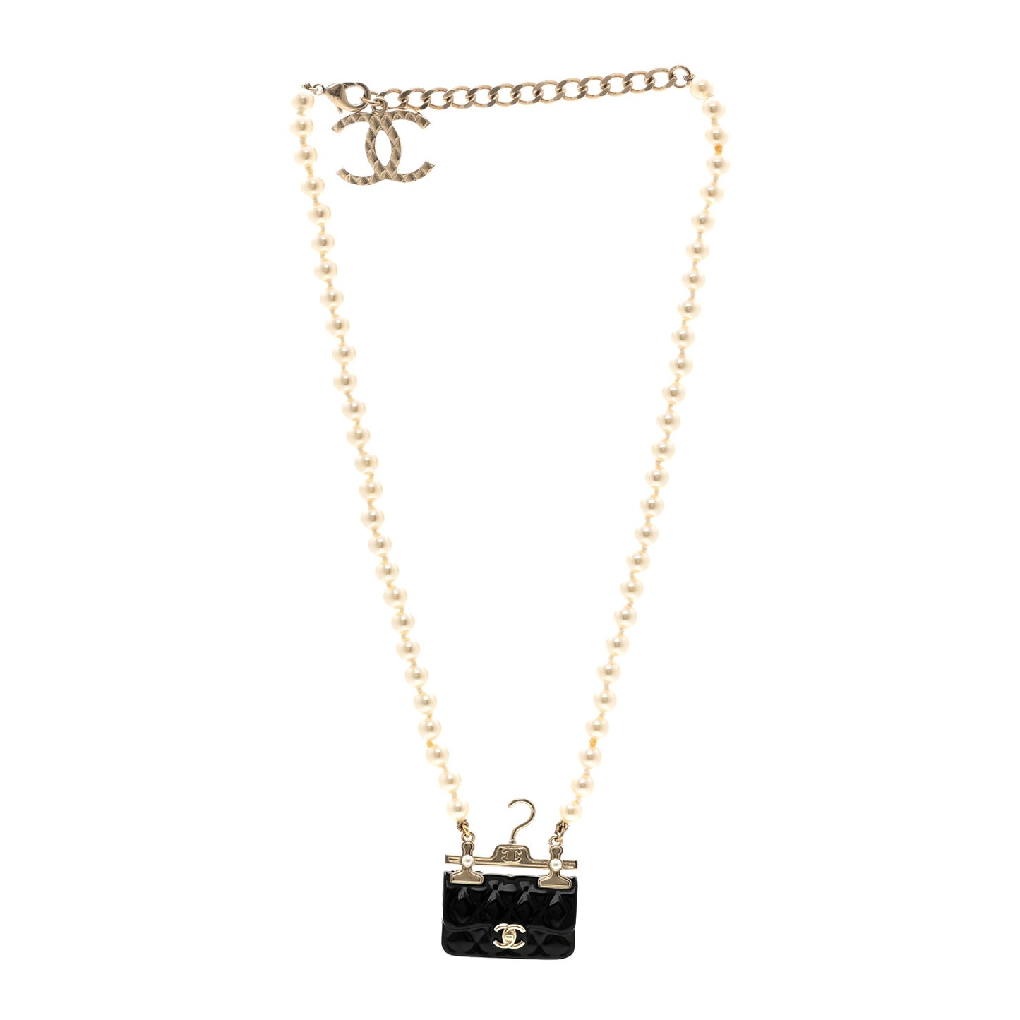 Pearl Metal Resin Quilted Flap Bag Necklace Gold Black Pearly White