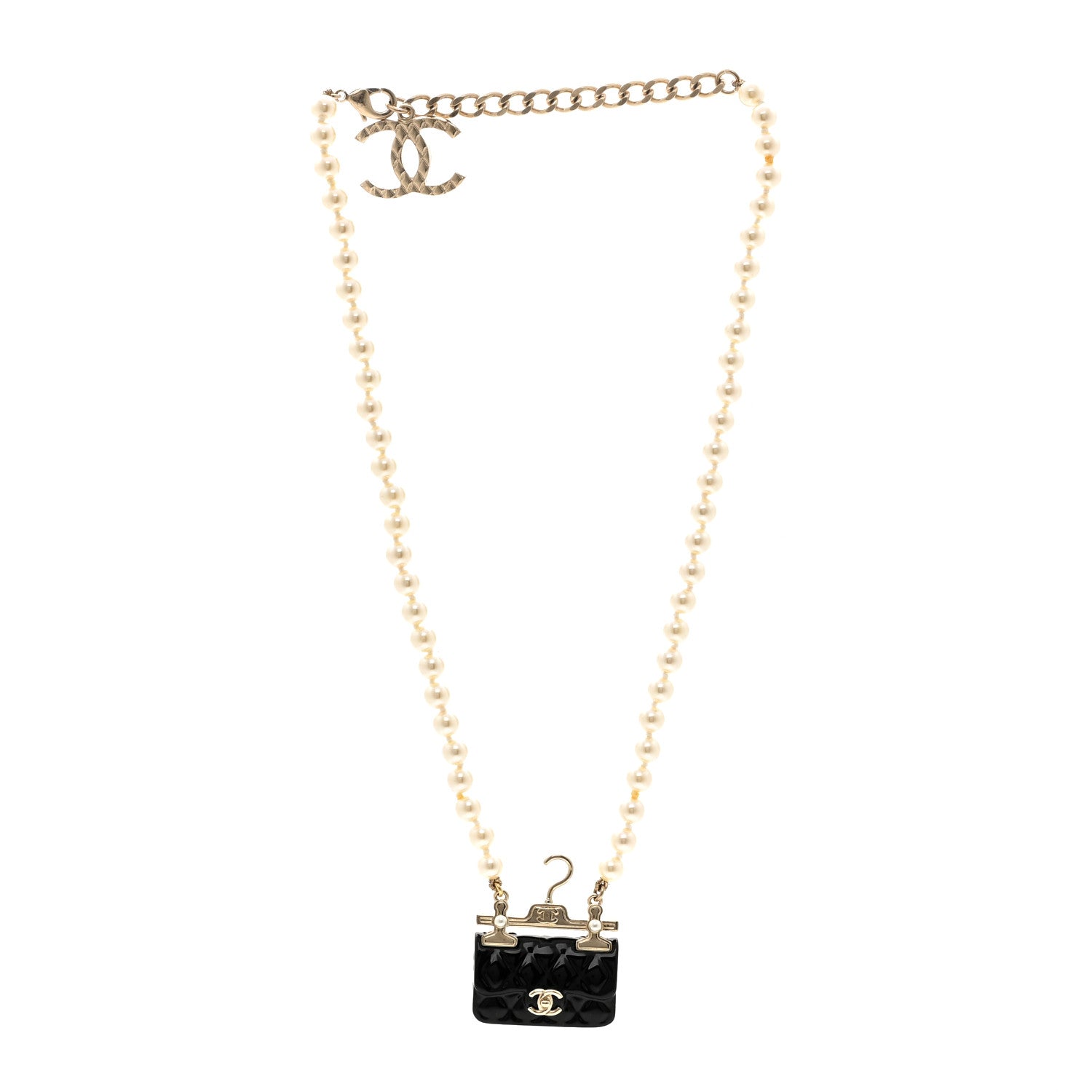 Chanel Pearl Metal Resin Quilted Flap Bag Necklace Gold Black Pearly White 3 of 4