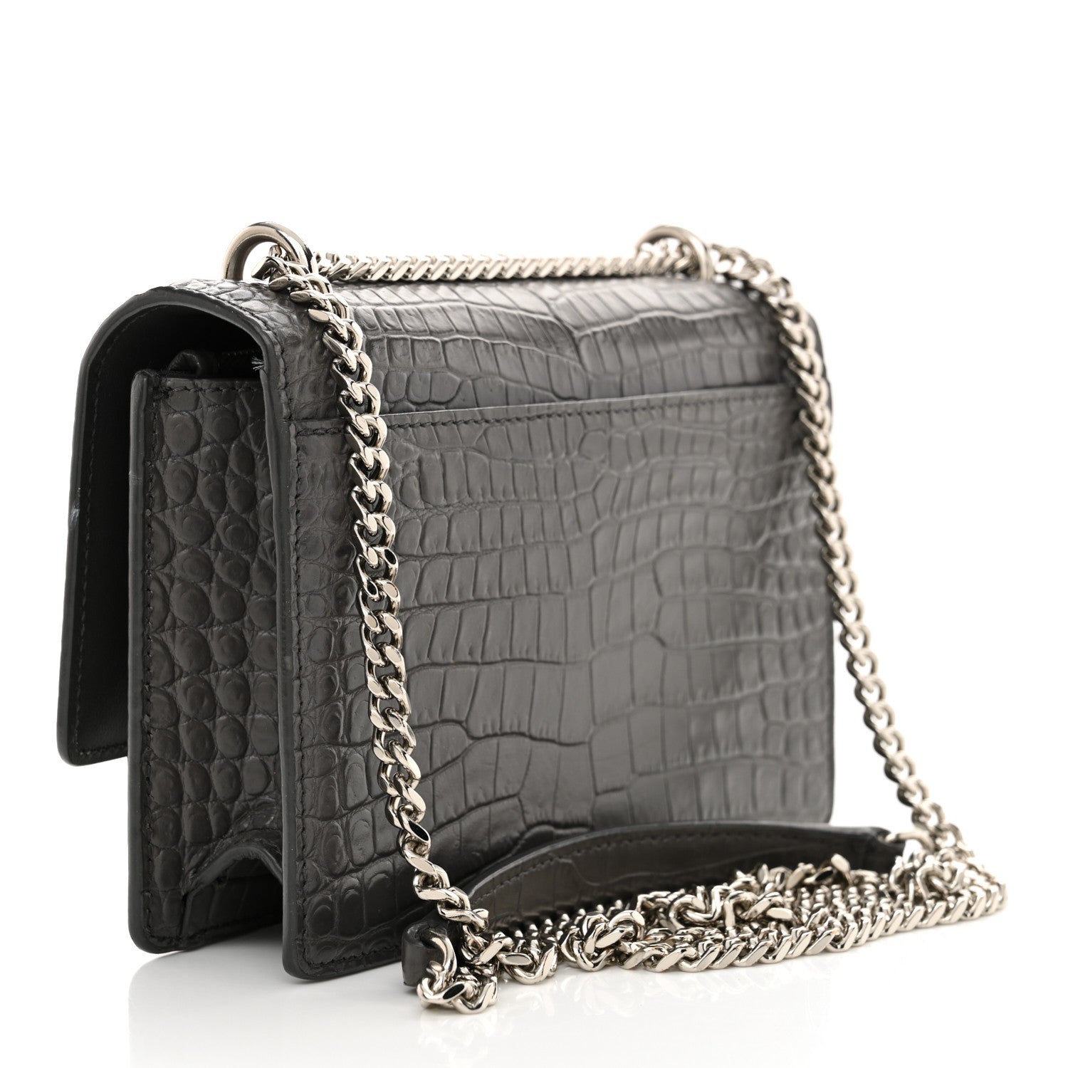 Saint Laurent Calfskin Crocodile Embossed Monogram Sunset Chain Wallet Graphite 3 of 12