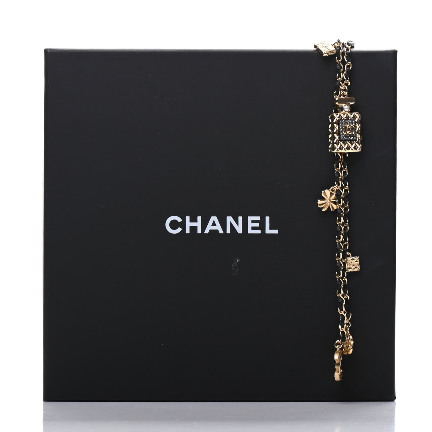 Chanel Calfskin Crystal Pearl Perfume Bottle CC Charm Necklace Black Gold 7 of 7